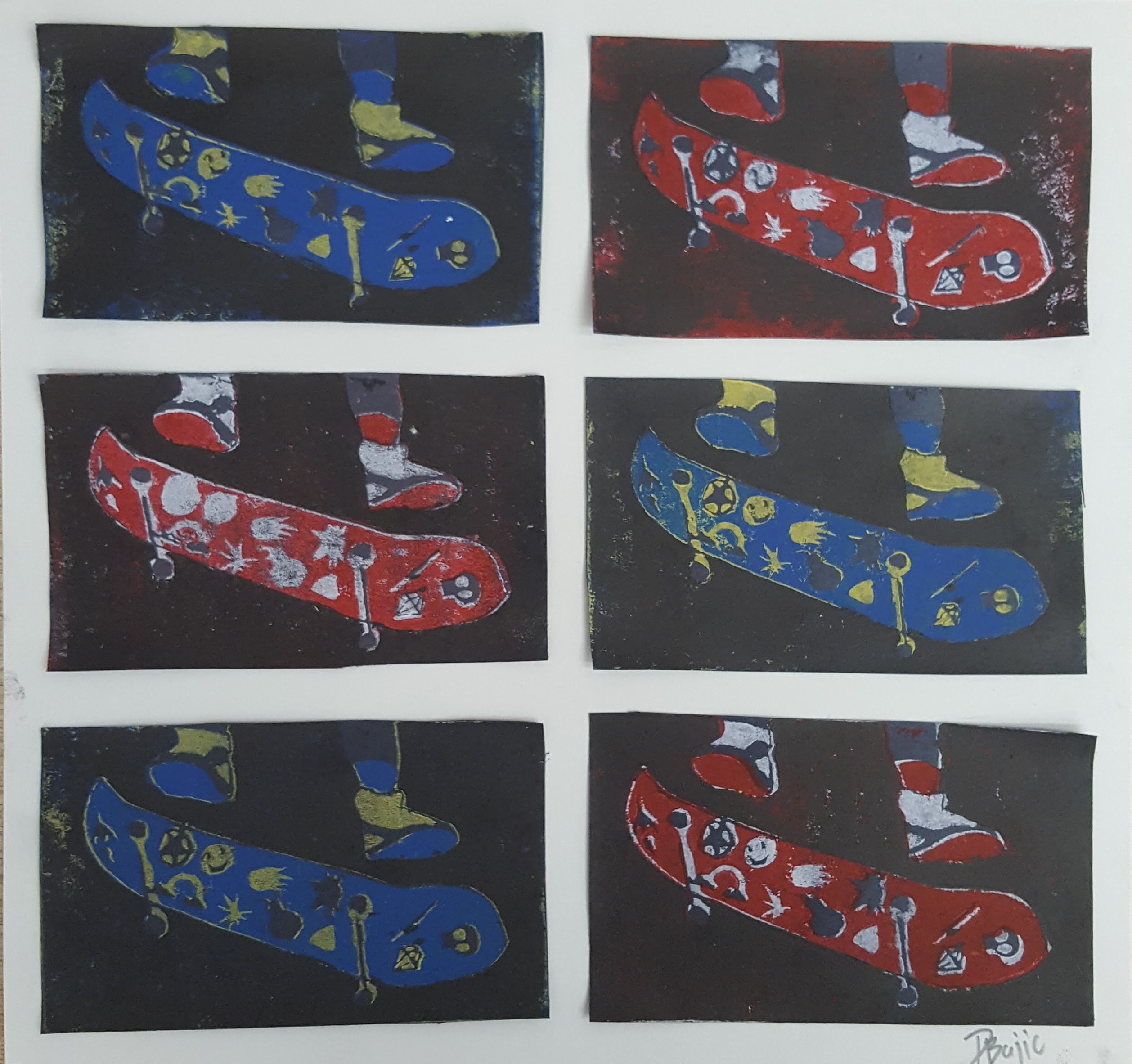 Made by hand carving a lino block, making my prints and then carving out some more to print the next colour. This collage is reminiscent of the rise of skate culture beginning in the 1960s